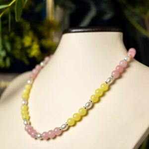 Колье женское из Янтаря и Розового Кварца