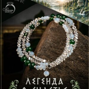 Браслет 3-рядный из Изумруда дкл, Кварца и Горного Хрусталя