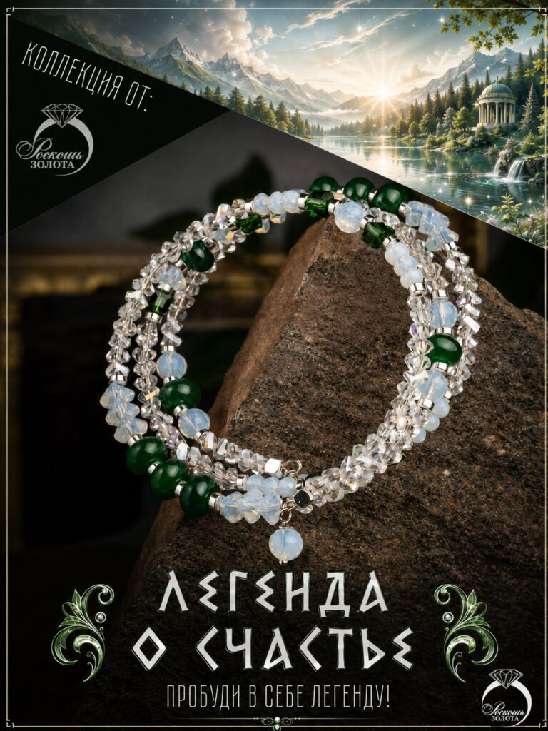 Браслет 3-рядный из Изумруда дкл, Кварца и Горного Хрусталя