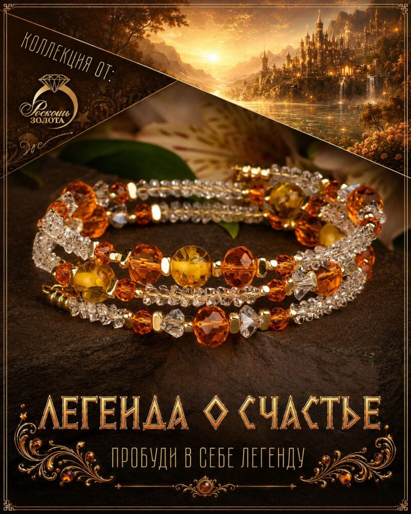Браслет 3 рядный из Янтаря, Цитрина гт и Горного Хрусталя